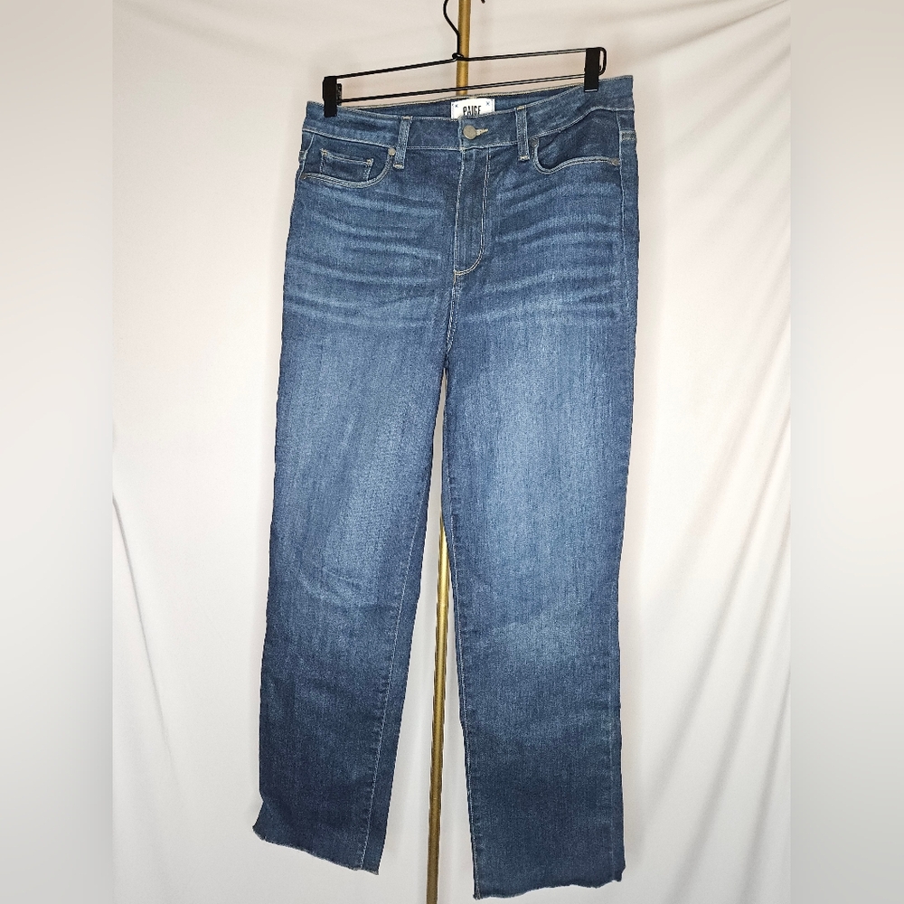 PAIGE High-Rise Straight Leg Jeans Blue Raw Hem